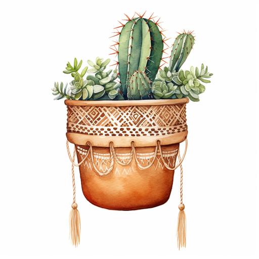 watercolor single cactus plant in a clay pot hanged with macrame, boho style, on white background
