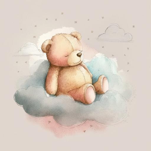 watercolor sketch illustration of a teddy bear sleeping on a pink cloud on a neutral background, art for children's books, digital art, concept, art, 8k, hd, --seed 1661780146