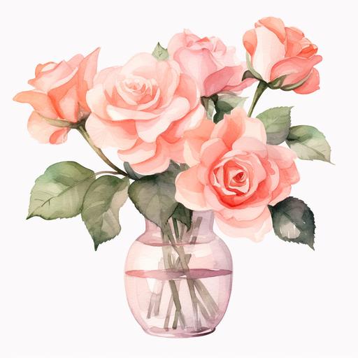 watercolor stem rose salmon pink color in a transparent vase clipart white background