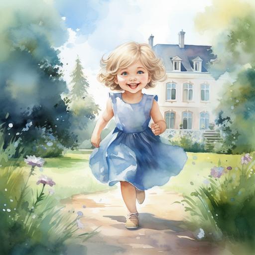 watercolor storybook illustration cover with kindergarten blonde short hair little girl with huge blue eyes, blue dress. summer. Running on the beautiful flowery garden and smile. Building on the background. Picture from distance.