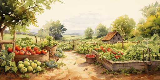 watercolor storybook illustration, kitchen garden with lots of vegetables. fruit trees next to garden. tomatoes, peppers. herbs trees. tomato bushes. comma basket on the ground with tomatoes. summer. light earth colors. --ar 2:1