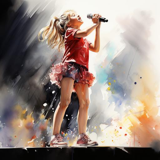 watercolor, superstar Jerry Halliwell, on stage, singing, in red sequined dress, platform shoes, golden hair, minimalism style, symbolism style, cartoon style --s 750 --v 5.2