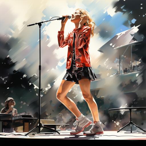 watercolor, superstar Jerry Halliwell, on stage, singing, in red sequined dress, platform shoes, golden hair, minimalism style, symbolism style, cartoon style --s 750 --v 5.2