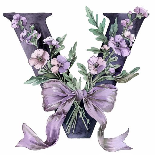 watercolor the letter V logo for velvet bow and pale purple flowers, with velvet bow, white background