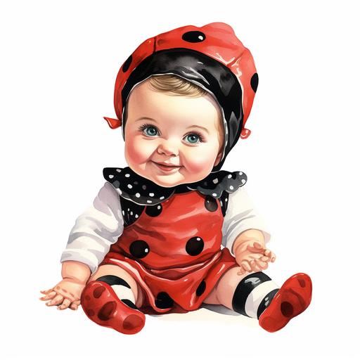 watercolor vintage 1960s, sitting smile baby in ladybug costume clipart, in the style of glamorous kitsch, uhd image, vintage imagery, associated press photo, two dimensional, cranberrycore, isolate on white background.