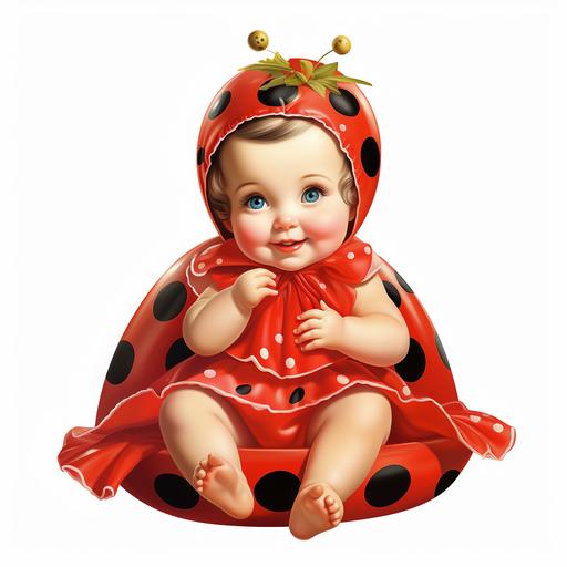 watercolor vintage 1960s, sitting smile baby in ladybug costume clipart, in the style of glamorous kitsch, uhd image, vintage imagery, associated press photo, two dimensional, cranberrycore, isolate on white background