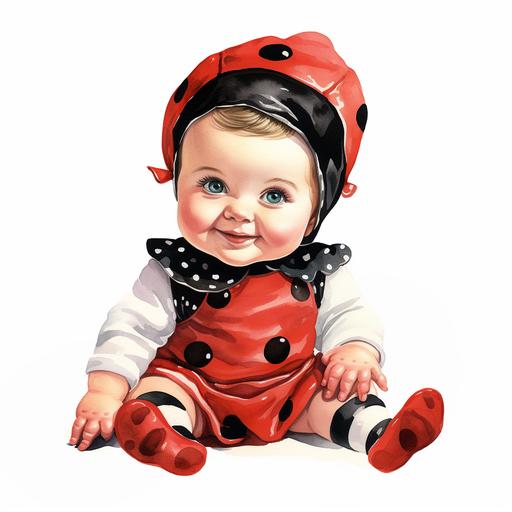 watercolor vintage 1960s, sitting smile baby in ladybug costume clipart, in the style of glamorous kitsch, uhd image, vintage imagery, associated press photo, two dimensional, cranberrycore, isolate on white background.