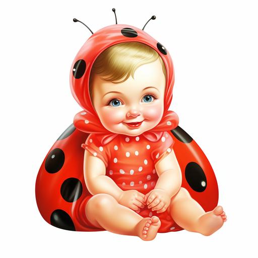 watercolor vintage 1960s, sitting smile baby in ladybug costume clipart, in the style of glamorous kitsch, uhd image, vintage imagery, associated press photo, two dimensional, cranberrycore, isolate on white background