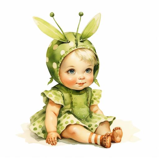 watercolor vintage 1960s, sitting smile baby wear grasshopper costume clipart, in the style of glamorous kitsch, uhd image, vintage imagery, associated press photo, two dimensional, cranberrycore, isolate on white background