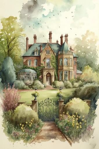 watercolor, vintage, big country manor house with impressive garden --ar 2:3