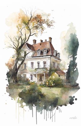 watercolor, vintage, big country manor house with impressive garden, middle of white background --ar 2:3
