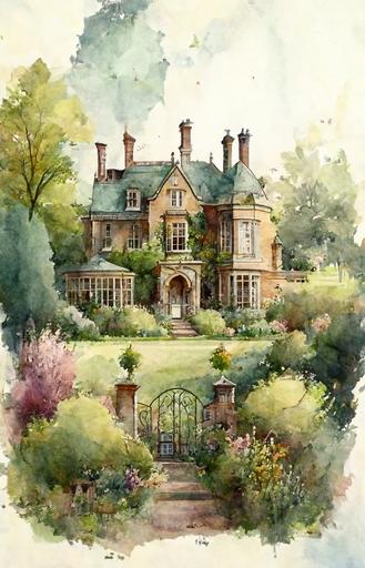 watercolor, vintage, big country manor house with impressive garden --ar 2:3