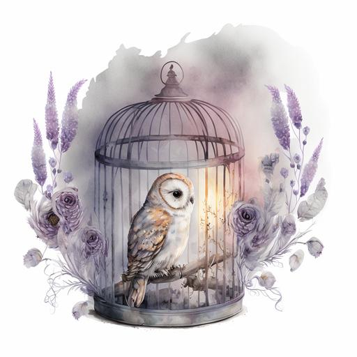 watercolor, white background, baby white owl inside a vintage oversize metal cage, dried flowers and lavender and candles, sticker, white background, hd, full perspective --uplight