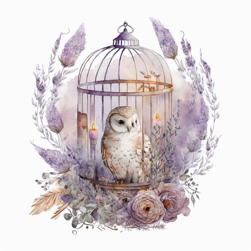watercolor, white background, baby white owl inside a vintage oversize metal cage, dried flowers and lavender and candles, sticker, white background, hd, full perspective --uplight