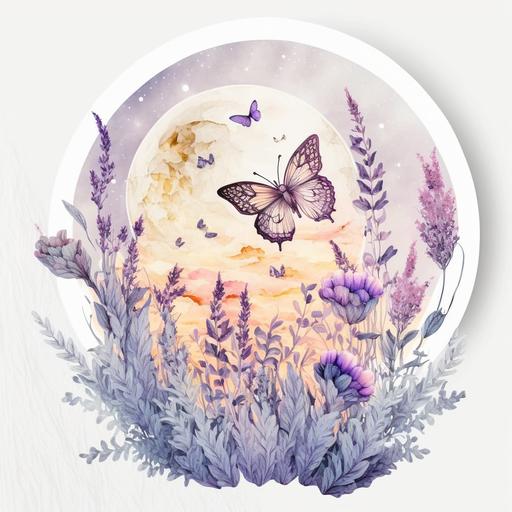 watercolor, white background, fairyland wtich theme, watercolor moon decorated with boho botancial watercolor flowers lavender, purple butterflies, sticker, white background, hd, full perspective --uplight