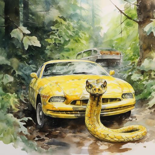 watercolor yellow three headed snake in the rainy forest and in the backgorund there is a gray car