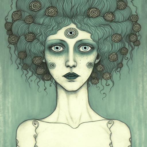 watercolored pencil, rank und file, full body women with very big eyes and scary make-up tattoo, inspired from Aubrey Beardsley, gustav klimt, octane render
