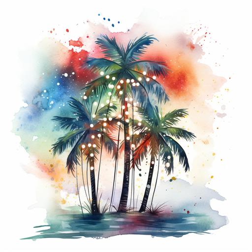 watercolored tropical christmas, minimal, paint splatters, palm trees with christmas lights