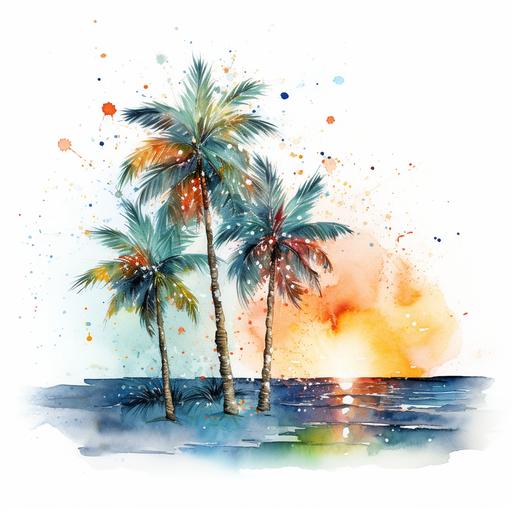 watercolored tropical christmas, minimal, paint splatters, palm trees with christmas lights