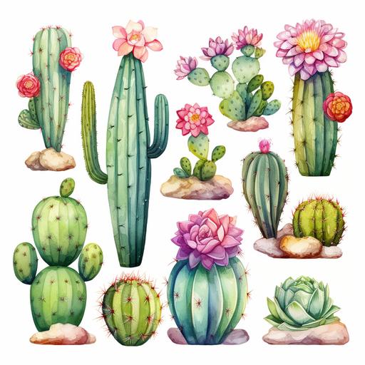 watercolors Sweet Cactus Clipart, Hand Draw Cacti, Cute Succulent Border