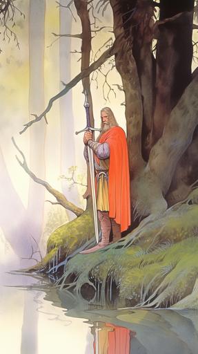 watercolour animation of king arthur of the mangroves as a dvd still from the movie excalibur directed by john boorman 1981 --s 20 --ar 9:16 --niji 5