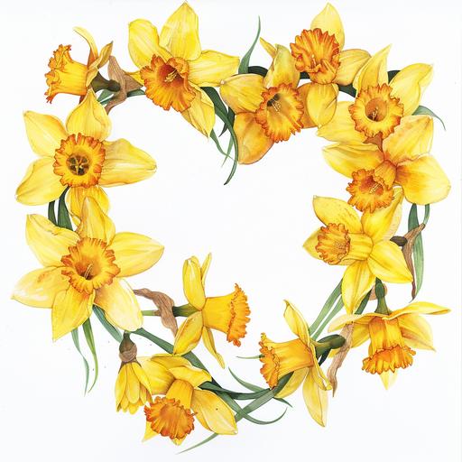 watercolour daffodils in a heartshaped wreath white background