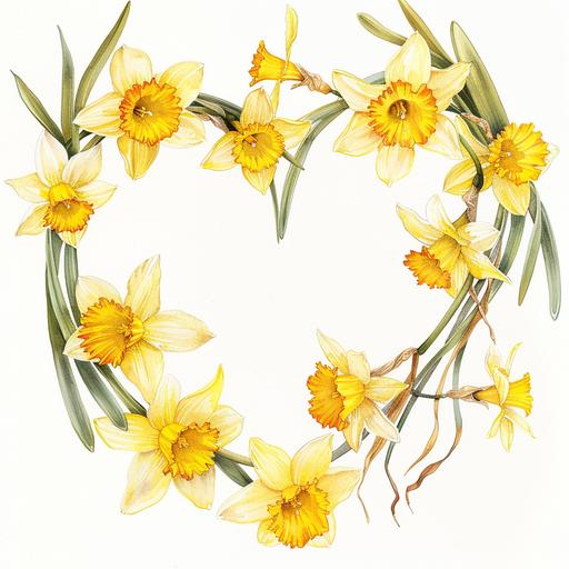 watercolour daffodils in a heartshaped wreath white background