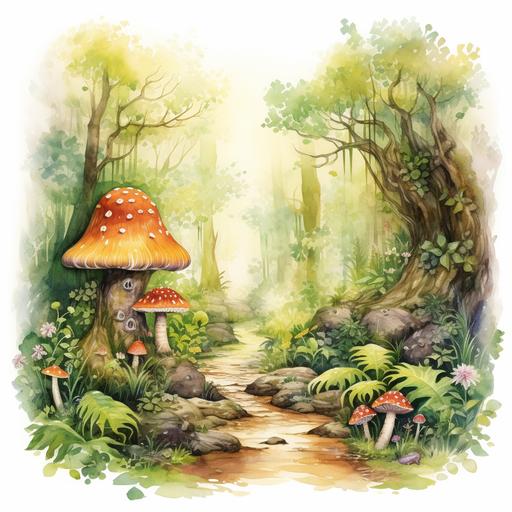 watercolour enchanting woodland environments where fairies live, white background