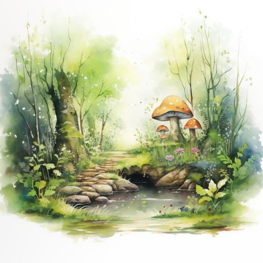 watercolour enchanting woodland environments where fairies live, white background