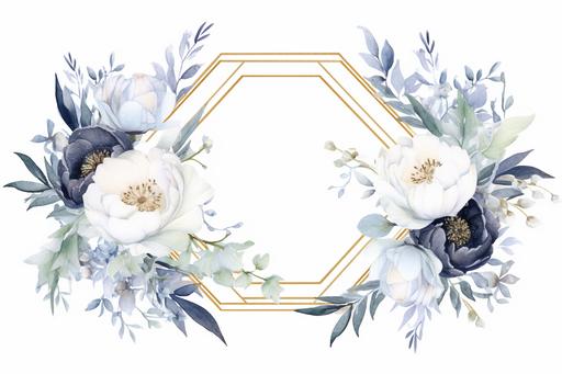watercolour flowers and hexagonal gold frame, peonies, david austin roses, babys breath, navy blue, baby blue, white, sage green leaves, isolated on white background --ar 3:2