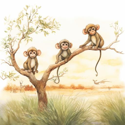 watercolour illustration of cute monkeys playing in a tree in the african savannah. soft. colours. no outline