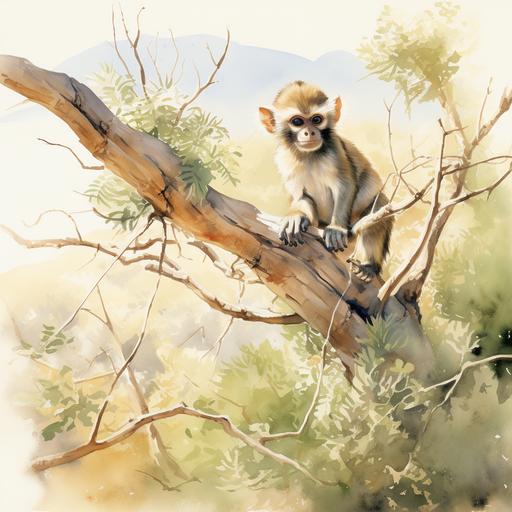 watercolour illustration of vervet monkeys playing in a tree in the african savannah. soft colours. no outline.