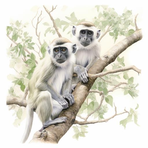 watercolour illustration of vervet monkeys playing in a tree . soft colours. no outline