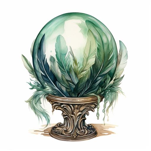 watercolour neutral colours green brown blue witches crystal ball with feathers on a white background