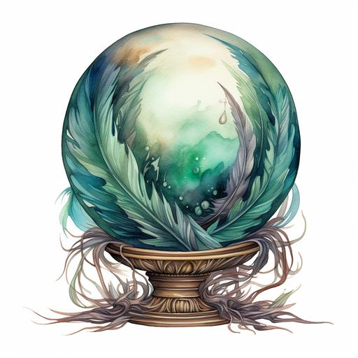watercolour neutral colours green brown blue witches crystal ball with feathers on a white background