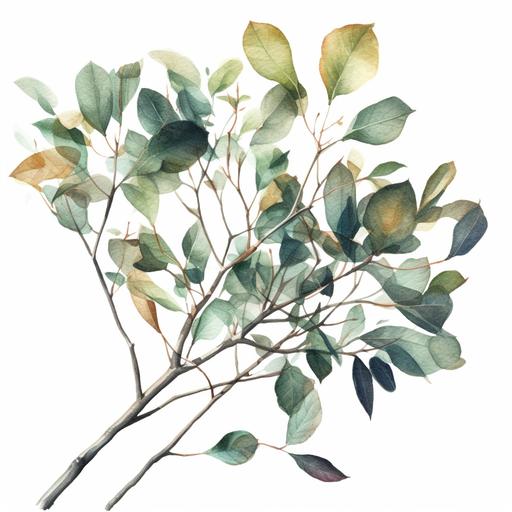 watercolour of single slightly bare bay tree branch with lots of branch space and not a lot of leaves in full green, no brown leaves, laid flat shot from above set on pure white background, Use muted colours --seed 3687551594 --v 5 --q 2 --s 750