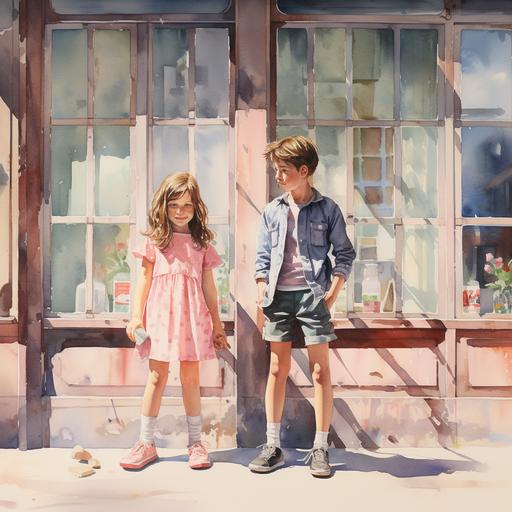 watercolour style, vintage, children standing , girl and boy, wearing sneakers, realism, pastel colours, girl eats pink cotton candy, they are standing in front of a building, big windows