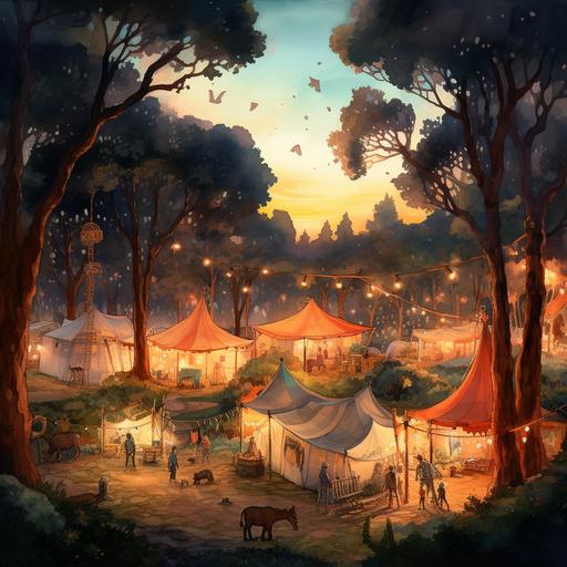 watercolour style, vintage, tents, floors, touch of magic, childhood, evening, trees, city of lights, nature, aerial view, pixar, no people, giraffe, mice, fox, owl in glasses on a branch