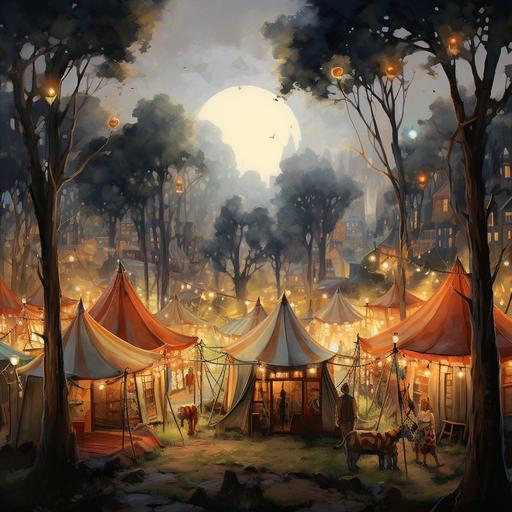 watercolour style, vintage, tents, floors, touch of magic, childhood, evening, trees, city of lights, nature, aerial view, pixar, no people, giraffe, mice, fox, owl in glasses on a branch