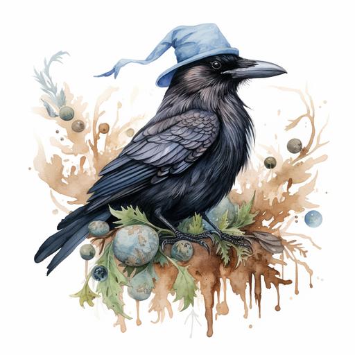 watercolour witches raven with blue green brown fethers, neutral colors, on a white background