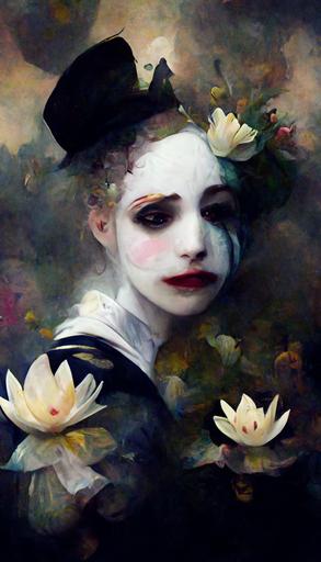 waterlillies, pierrot, sad clown, french maid, courtesan, moody, atmospheric, impressionist, painting, portrait, surreal, avant garde, enchanted --ar 9:16 --uplight