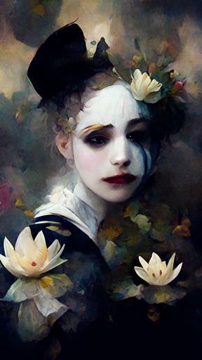 waterlillies, pierrot, sad clown, french maid, courtesan, moody, atmospheric, impressionist, painting, portrait, surreal, avant garde, enchanted --ar 9:16 --uplight