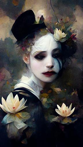 waterlillies, pierrot, sad clown, french maid, courtesan, moody, atmospheric, impressionist, painting, portrait, surreal, avant garde, enchanted --ar 9:16 --uplight