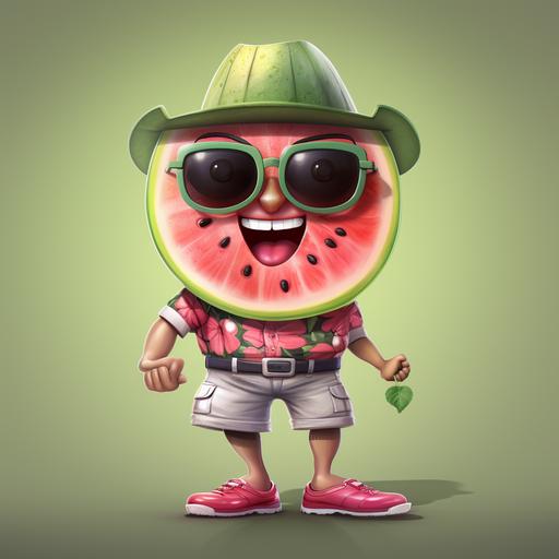 watermelon cartoon character, wearing Hawaiian style shirt ,cutoff jean shorts, sandals,