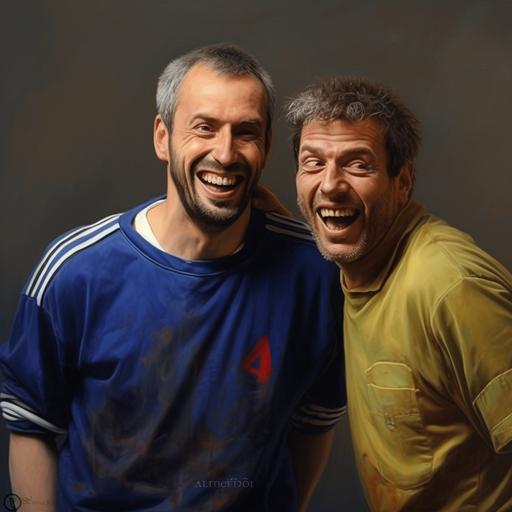 we can see this man  shaking the man of this man  . They are both happy and laughing. We can see their whole bodies in the photo. Hyperrealistic style. We see the football world cup. They are dressed as football players in the 1990 style. They are part of the French football team