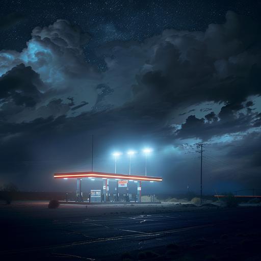 we drop down through the clouds to see a dimly lit gas station alone in the desert at night. Its only source of life is some flickeriong overhead lights and one old singular powerline leading off into the distance.