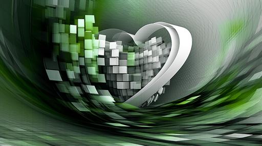 we see a abstract technical image made with photoshop, green white and grey colour, with heart shaped forms, love, speed, future, business --ar 16:9