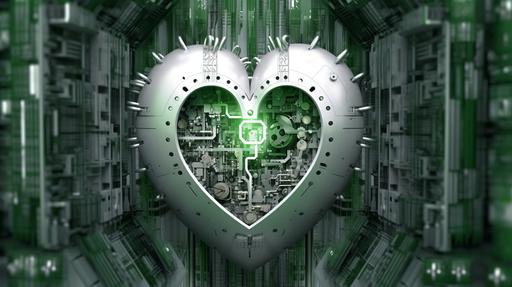 we see a abstract technical image made with photoshop, green white and grey colour, with heart shaped forms, love, speed, future, business --ar 16:9