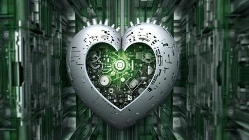 we see a abstract technical image made with photoshop, green white and grey colour, with heart shaped forms, love, speed, future, business --ar 16:9