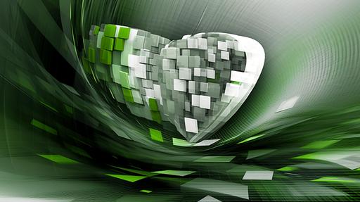 we see a abstract technical image made with photoshop, green white and grey colour, with heart shaped forms, love, speed, future, business --ar 16:9